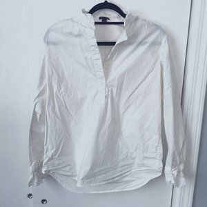 Ann Taylor Henley-style white long sleeve blouse with ruffle sleeve and collar